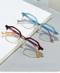 Detail of retro semi-rimless blue light blocking glasses with gradient texture frames