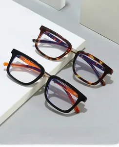 Close-up of 2024 retro steampunk square anti-blue light glasses in tortoiseshell and black