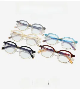Flat lay of retro polygonal half-frame blue light blocking glasses in five colors