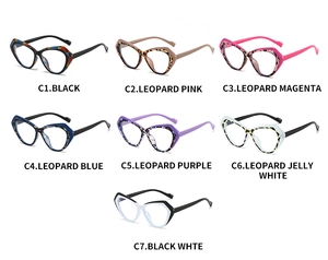 Flat lay of cat-eye TR90 frames in seven distinct color schemes and leopard patterns