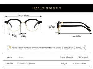 Size chart for unisex semi-rimless anti-blue light glasses with PC and metal frame specs