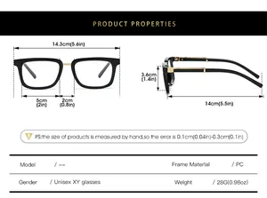 Detailed size chart for steampunk square sunglasses with precise frame measurements