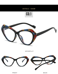 Macro detail of TR90 cat-eye frames featuring colorful geometric color-block patterns