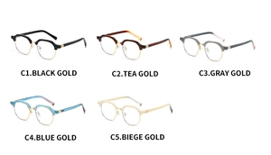 Detail view of five different colors of semi-rimless glasses frames with gold accents