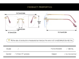 Size chart showing dimensions and weight for rimless cat eye metal optical frames
