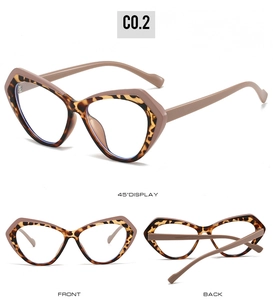 Multiple views of cat-eye frames featuring leopard print and solid color blocked design
