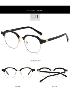 Detailed multi-angle view of retro semi-rimless browline glasses with gold and black frames