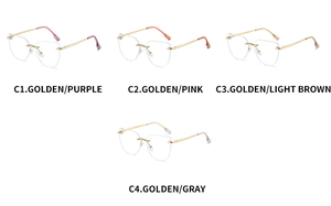 Cat eye rimless optical frames shown in multiple gradient colors and golden metal temples