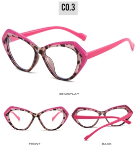 Three-way view of cat eye TR90 glasses in bold magenta and leopard tortoiseshell contrast