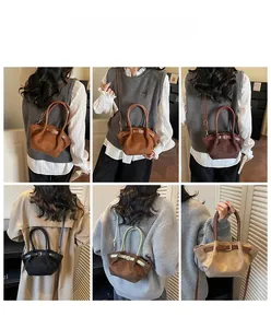 Multiple views of suede patchwork tote showing shoulder and crossbody carry styles