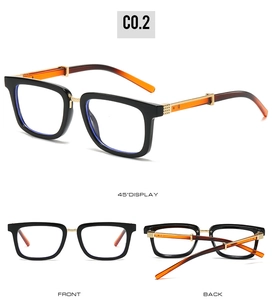Three views of square frame eyeglasses with black rims, gold hinges and amber temples