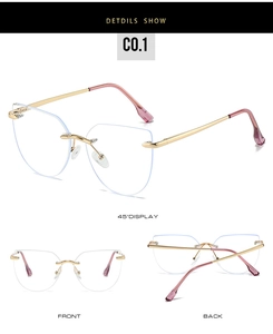 Three-angle views of cat-eye rimless glasses with pink-gold metal frames and temple tips