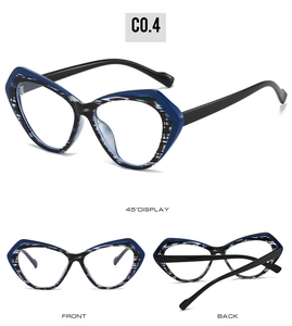 Multi-angle view of TR90 cat-eye glasses frame with blue marble and tortoiseshell patterns