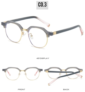 Detailed three-way view of retro browline glasses frames in grey-purple and gold colors