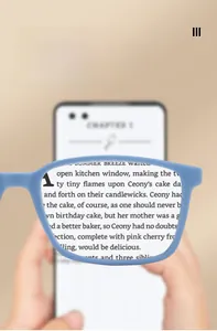 Detail view of blue reading glasses lens showing clear magnification on phone screen