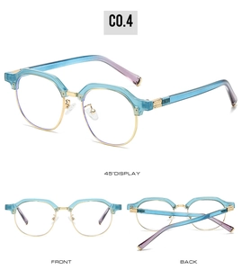 Detail view of irregular blue semi-rimless anti-blue light glasses with gold metal accents