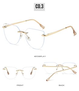 Three-way display of rimless gold cat-eye glasses with stylish polygonal cut lenses