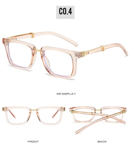 Detailed views of steampunk square frames with golden metal hinges and transparent tea finish