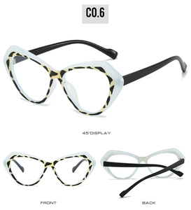 Three-way view of cat-eye TR90 blue light glasses in two-tone blue and leopard print