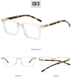 Detail of square glasses featuring clear frames with tortoiseshell temples and gold hinges