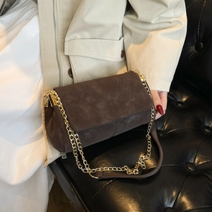 Women Vintage Crossbody Bag Suede Texture PU Leather Gold Chain Strap Cross Stitching Flap Shoulder Bag For Daily Casual
