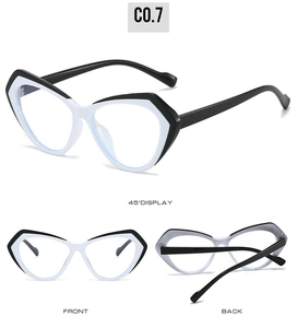 Three-angle display showing front, back, and 45-degree view of cat-eye contrast glasses