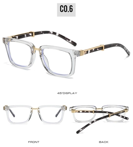 Three-angle views of transparent square anti-blue light glasses with gold metal accents