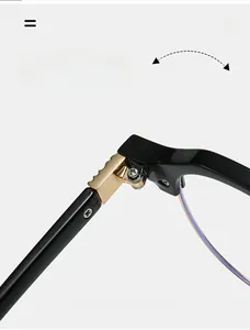 Detail shot of durable metal hinge on retro black and gold anti-blue light glasses frame