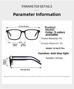 Diagramme détaillé des paramètres des lunettes de lecture carrées anti-lumière bleue