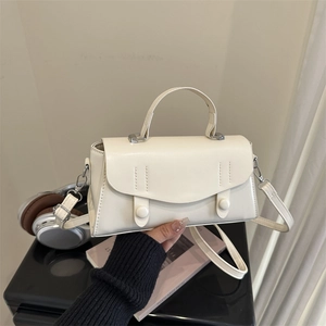 Cream white mini square handbag with round buckles and adjustable crossbody strap