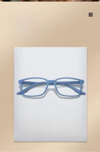 Lightweight blue rectangular glasses frame weighing 23.40g on a digital scale