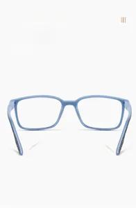Close-up of blue square frames with anti-slip textured temples and durable TR90 material