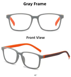 Vues de face et à 45 degrés de montures de lunettes rectangulaires gris et orange
