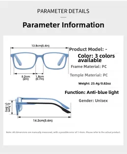 Detail view of light blue anti-blue light glasses showing PC frame and 23.4g weight