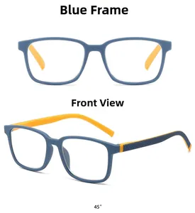 Vue de face et à 45 degrés de lunettes anti-lumière bleue bleues avec accents jaunes