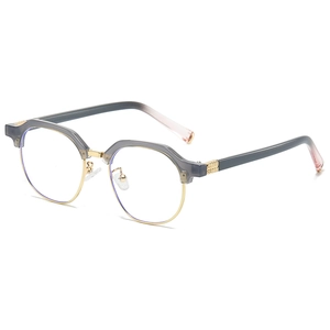 Retro grey and gold browline glasses with anti-blue light lenses shown from a 45-degree angle