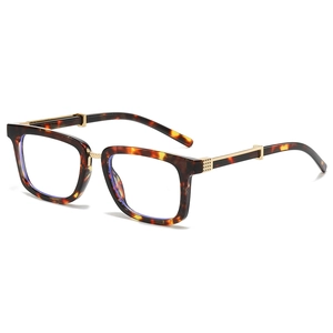 Retro steampunk square tortoiseshell glasses with gold metal bridge and anti-blue light lenses