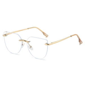 Women's rimless cat eye optical glasses with rose gold metal frame on white background