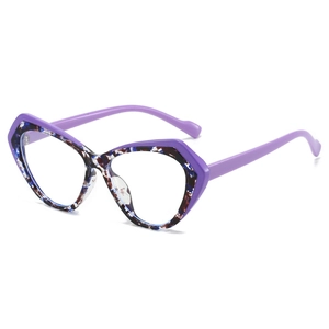 Modern cat-eye glasses with purple frames and floral geometric inner pattern in TR90