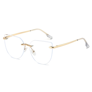 Fashionable rimless cat eye glasses with gold metal temples and clear optical lenses