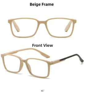 Detailed views of cream-colored rectangular frames with chic textured temples on white background