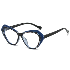 Blue and tortoiseshell cat-eye TR90 glasses frame with a trendy geometric patchwork design