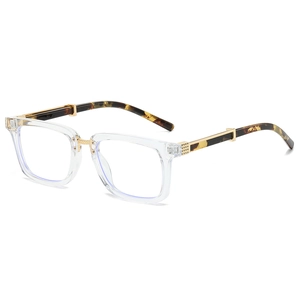 Steampunk square glasses frame with transparent front and tortoiseshell metal temples