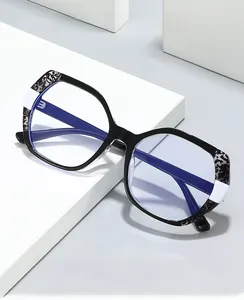 Detailed view of rectangle anti-blue light glasses with black lace texture on the frame