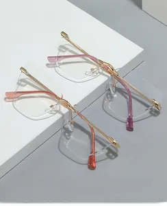 Detail of ultra-light rimless blue light blocking glasses with rose gold metal temples