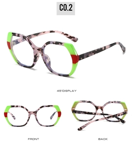 Detailed views of TR90 rectangular glasses in pink black tortoiseshell with neon accents