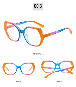 Three-view display of TR90 rectangular gradient frames with rainbow finish and 45-degree angle