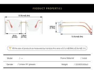 Detailed size chart for rimless metal anti-blue light glasses with frame dimensions