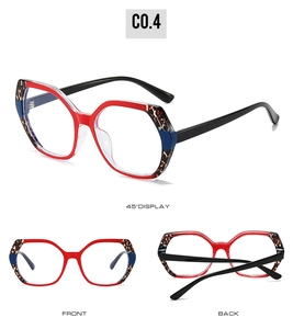 Three-angle view of TR90 rectangular leopard print glasses in red and brown colors