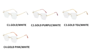 Flat lay of four rimless anti-blue light glasses in gold, purple, tea, and pink metal frames